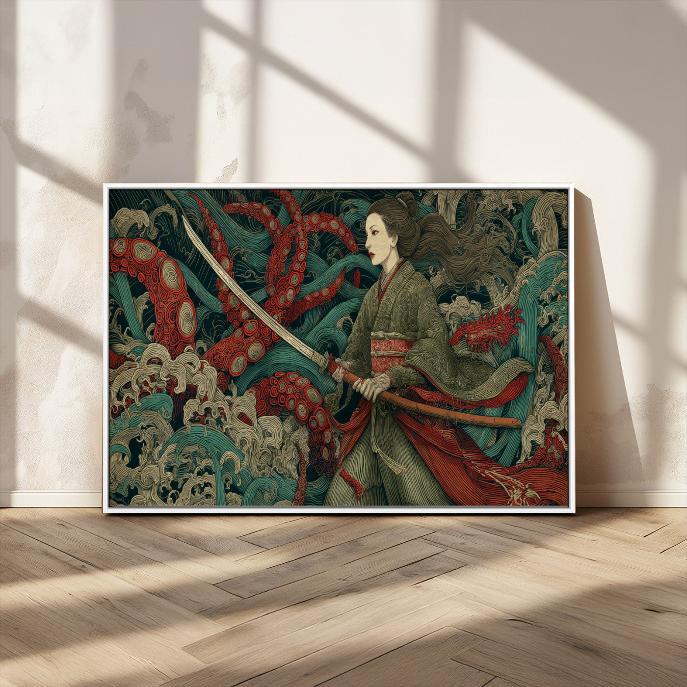 18902796-MGV-CV-36X24-Samurai Woman vs Octopus Wall Art – Japanese Ukiyo-e Green Kimono Canvas Print, Ocean Battle Scene Artwork for Living Room,