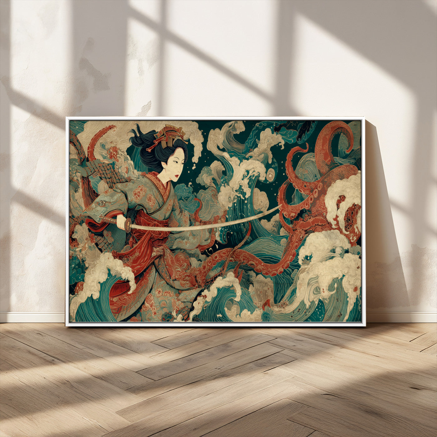 30212982-MGV-CV-36X24-Samurai Woman vs Octopus Wall Art – Japanese Ukiyo-e Style Warrior and Sea Monster Canvas Print, Mythology Inspired Artwork for