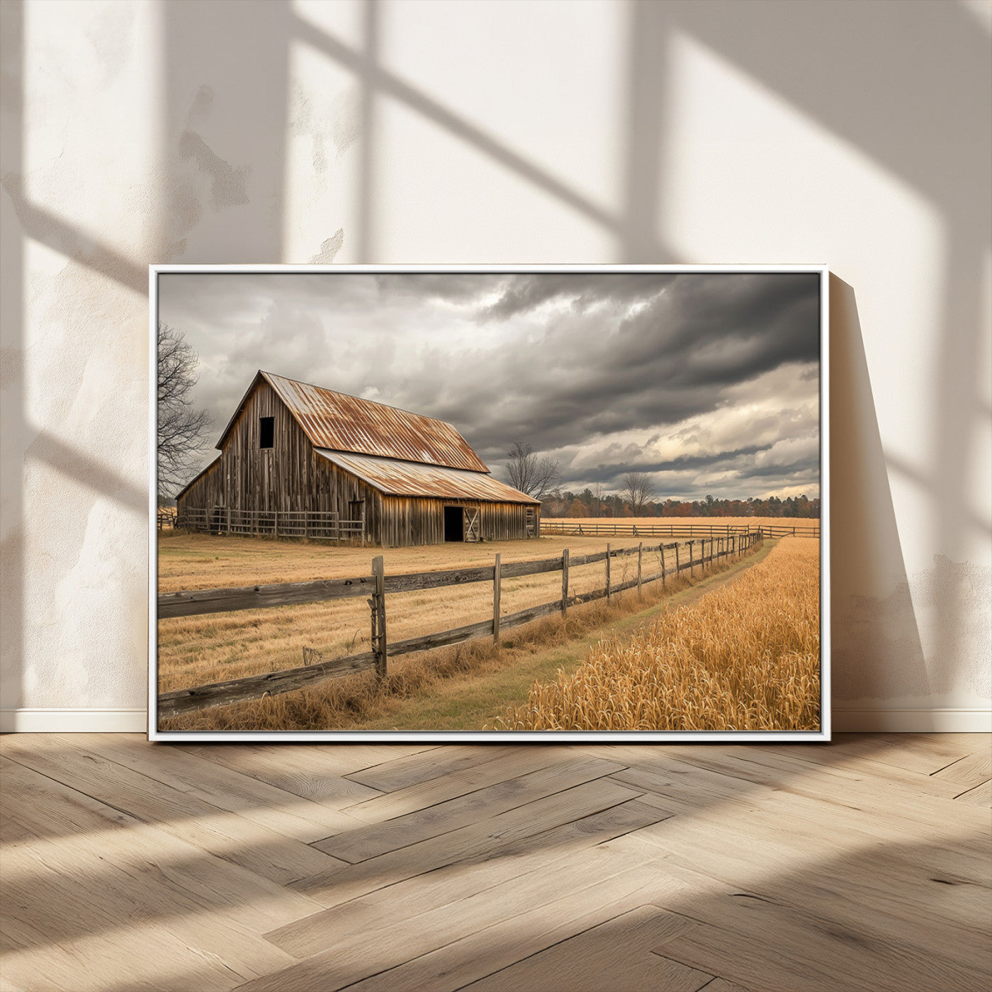 21991117-MGV-FC-36X24_White-Rustic Barn Wall Art – Weathered Farmhouse Canvas Print, Stormy Sky and Golden Field Photography Decor for Bedroom, Living Room,