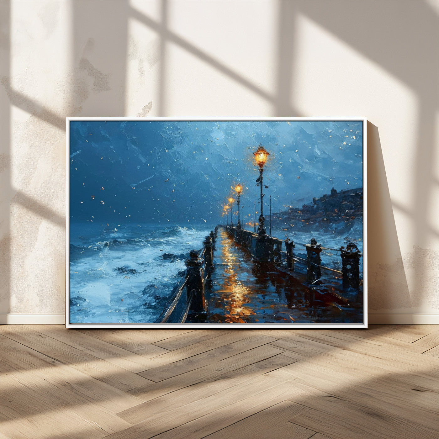 93793246-MGV-FC-36X24_White-Stormy Night Pier Canvas Wall Art – Moody Ocean Landscape with Lights, Blue Coastal Seascape Print for Bedroom, Living Room,