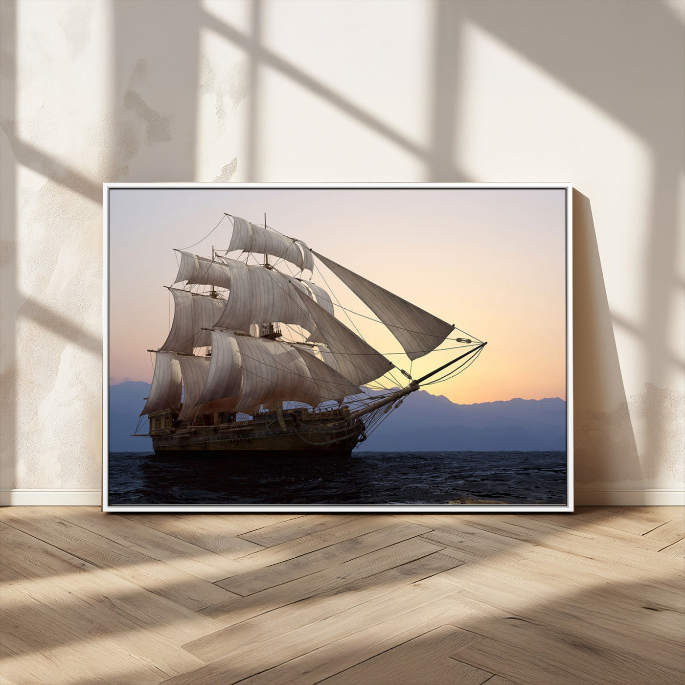99957679-MGV-CV-36X24-Majestic Sailing Ship Wall Art – Sunset Ocean Voyage, Classic Tall Ship with Wind Filled Sails Canvas Print for Home, Office,