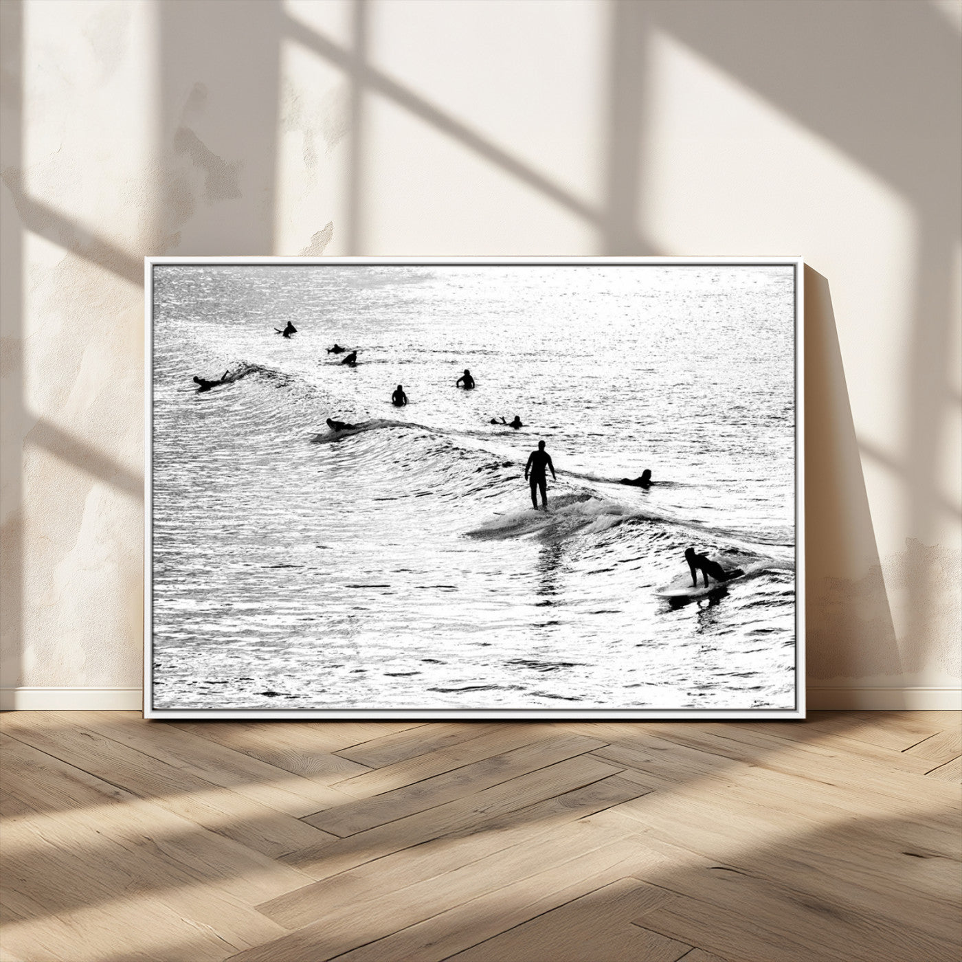 68018616-MGV-CV-36X24-Black and White Surf Photography Print – Minimalist Ocean Wall Art, Surfers Riding Waves, Coastal Beach Decor for Modern Home or