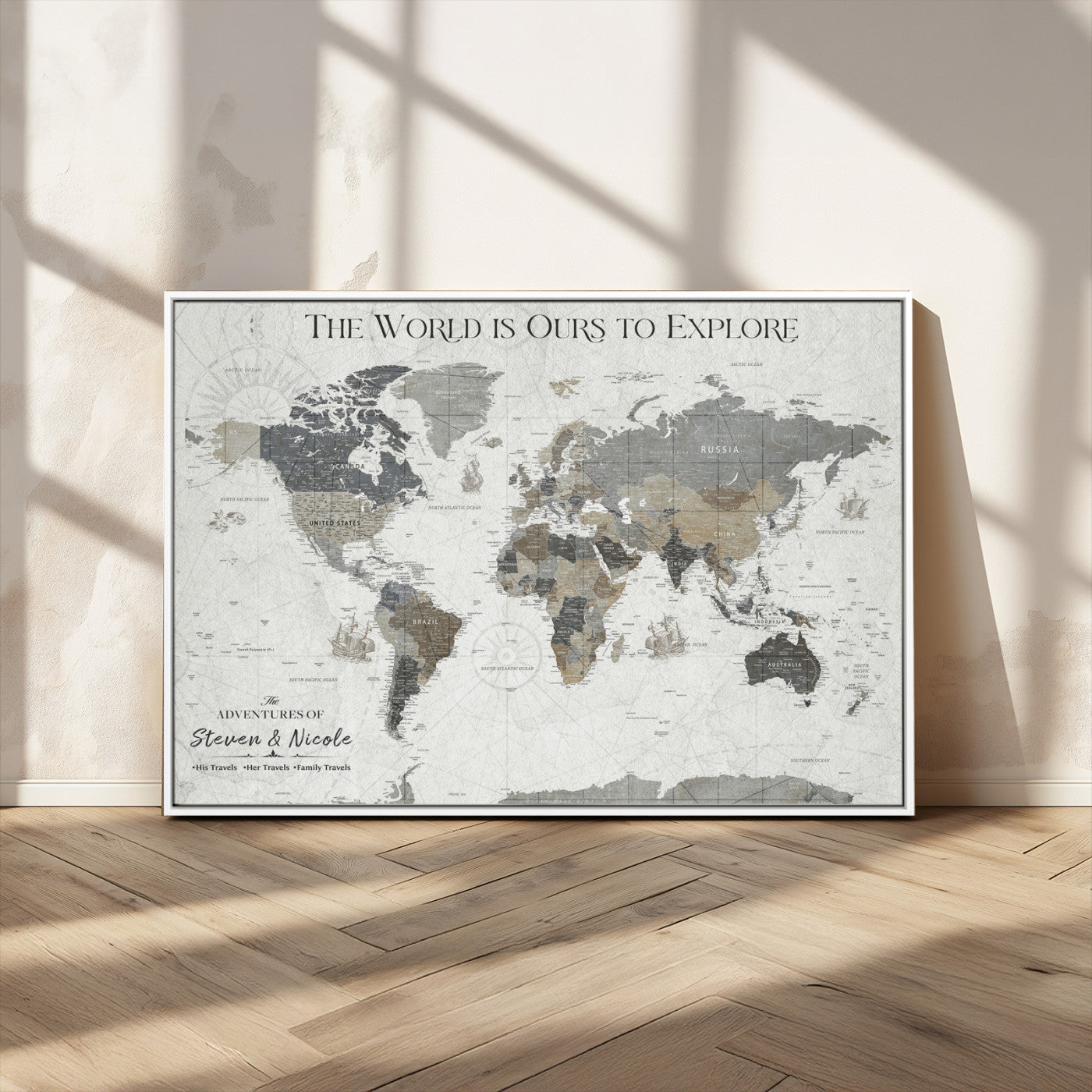 97082026-MGV-CV-36X24-Personalized World Map Wall Art – Vintage Gray Adventure Travel Map with Custom Couple or Family Names, Rustic Wall Decor for Home
