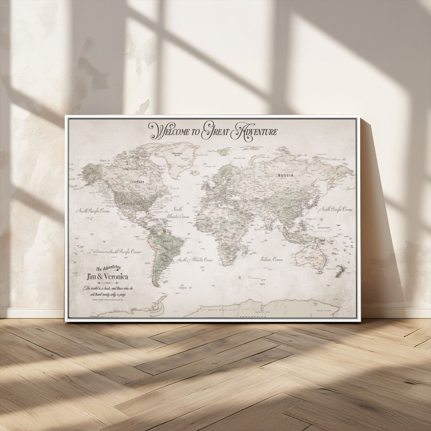 93034948-MGV-FC-36X24_White-Personalized World Map Wall Art – Vintage Beige Adventure Travel Map with Custom Names, Elegant Push Pin Canvas for Couples,