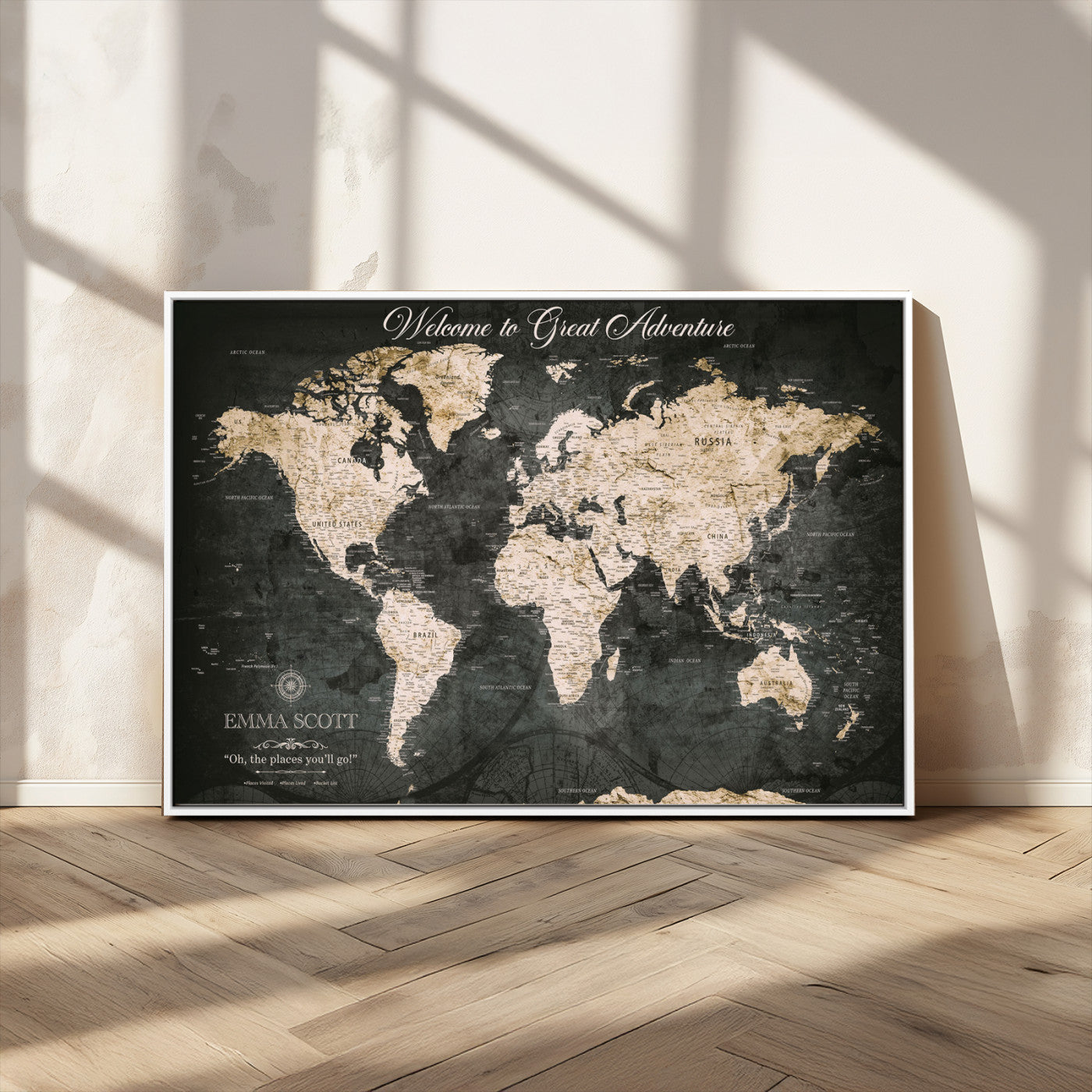 70534097-MGV-CV-36X24-Personalized World Map Wall Art – Dark Vintage Adventure Style Travel Map with Custom Names, Unique Wall Decor for Couples, Home