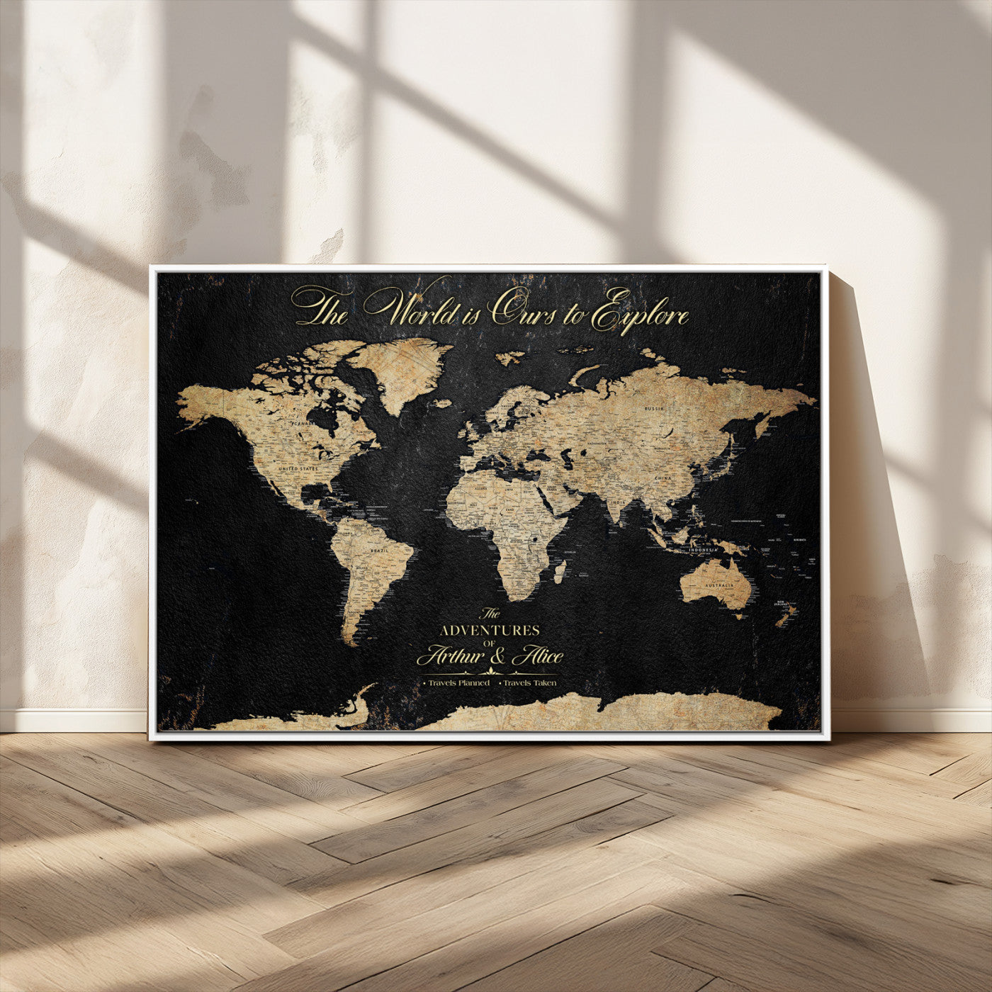 98947257-MGV-CV-36X24-Personalized World Map Wall Art – Vintage Black Adventure Travel Map with Custom Names, Elegant Push Pin Canvas for Couples Home