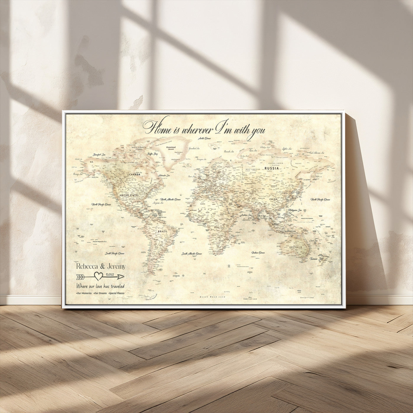 57950315-MGV-CV-36X24-Personalized World Map Wall Art – Vintage Beige Travel Map with Custom Names, Romantic Anniversary Gift for Couples, Adventure