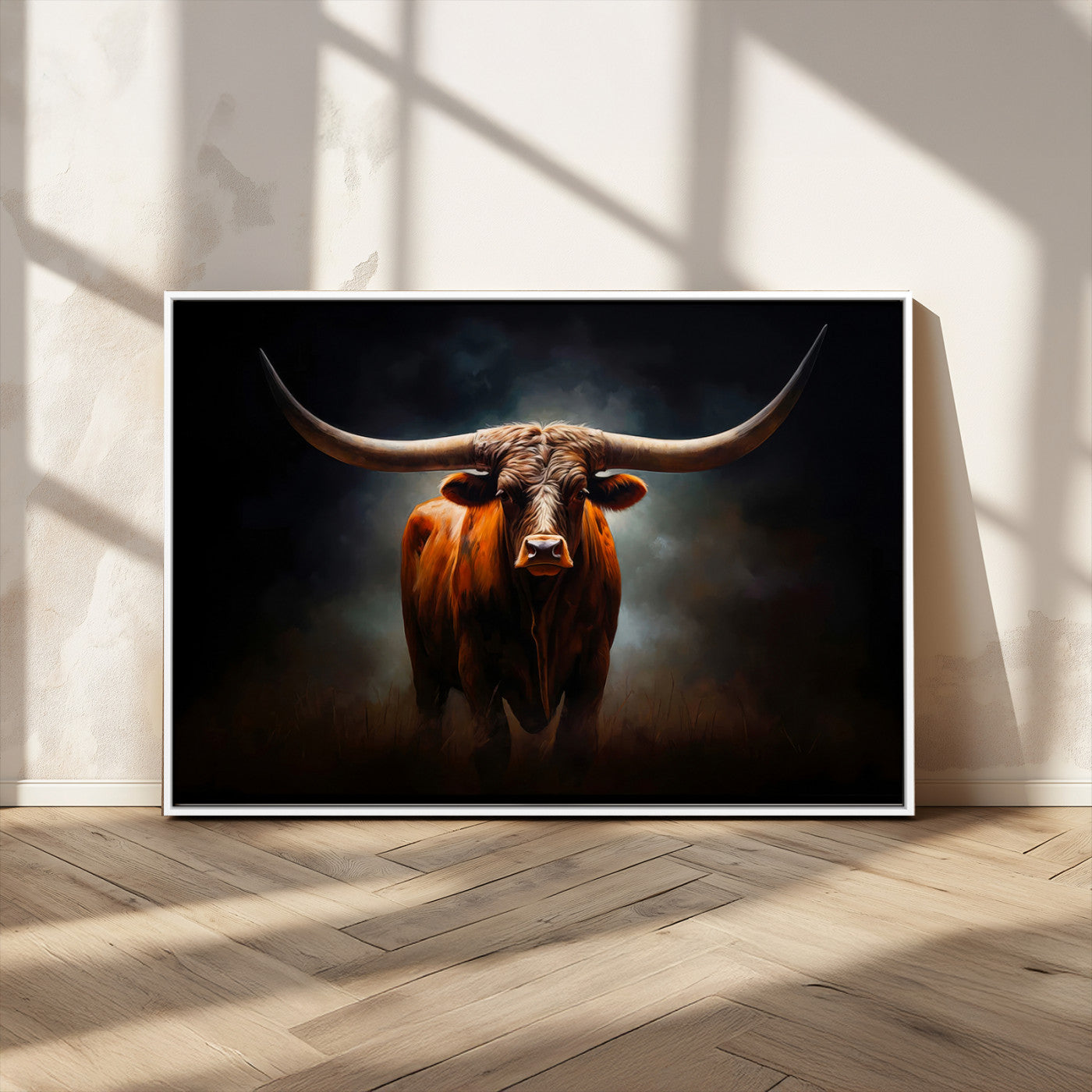 12484-MGV-CV-36X24-Texas Longhorn Wall Art Canvas Print, Framed Western Bull Art Picture Print, Moody Cattle Perfect Moody Western Decor Artwork