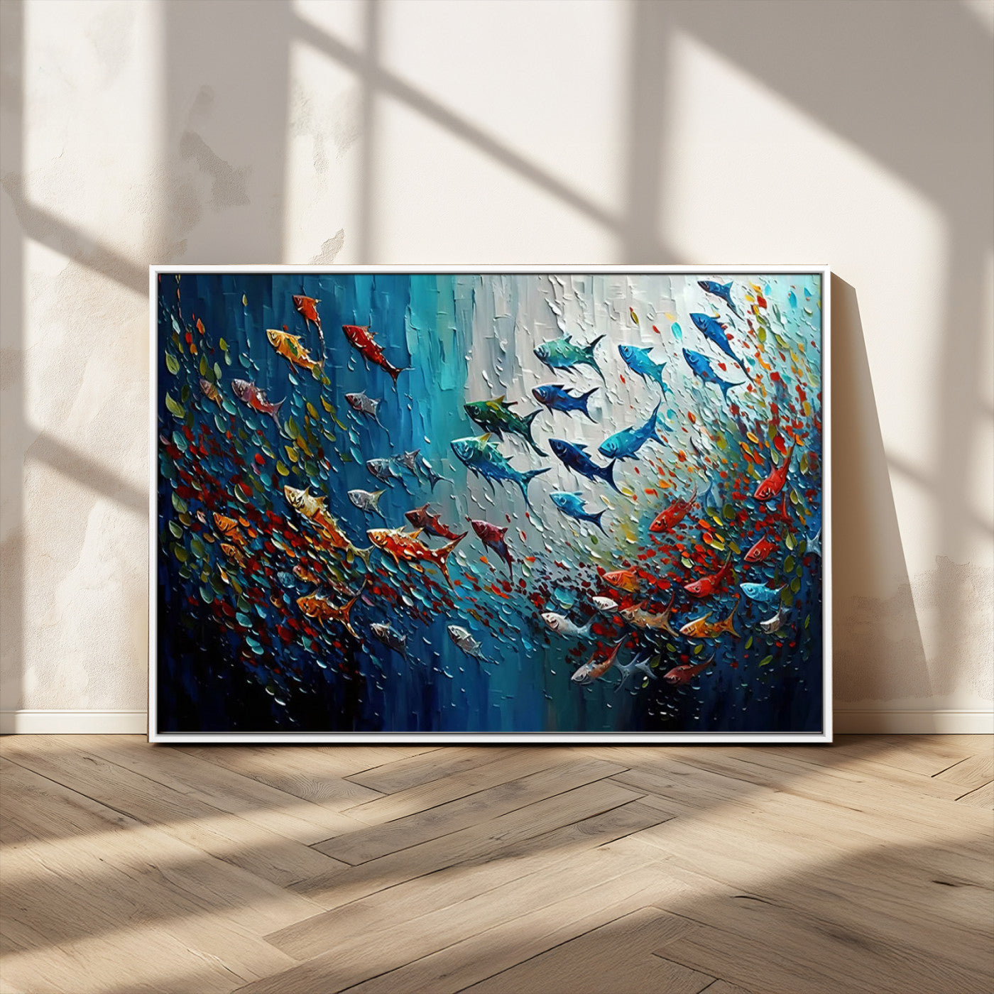 89626-MGV-CV-36X24-Fish Swarm Wall Art Canvas Print, Framed Abstract Ocean Art Picture Print, Underwater Life Perfect Vibrant Coastal Decor Artwork