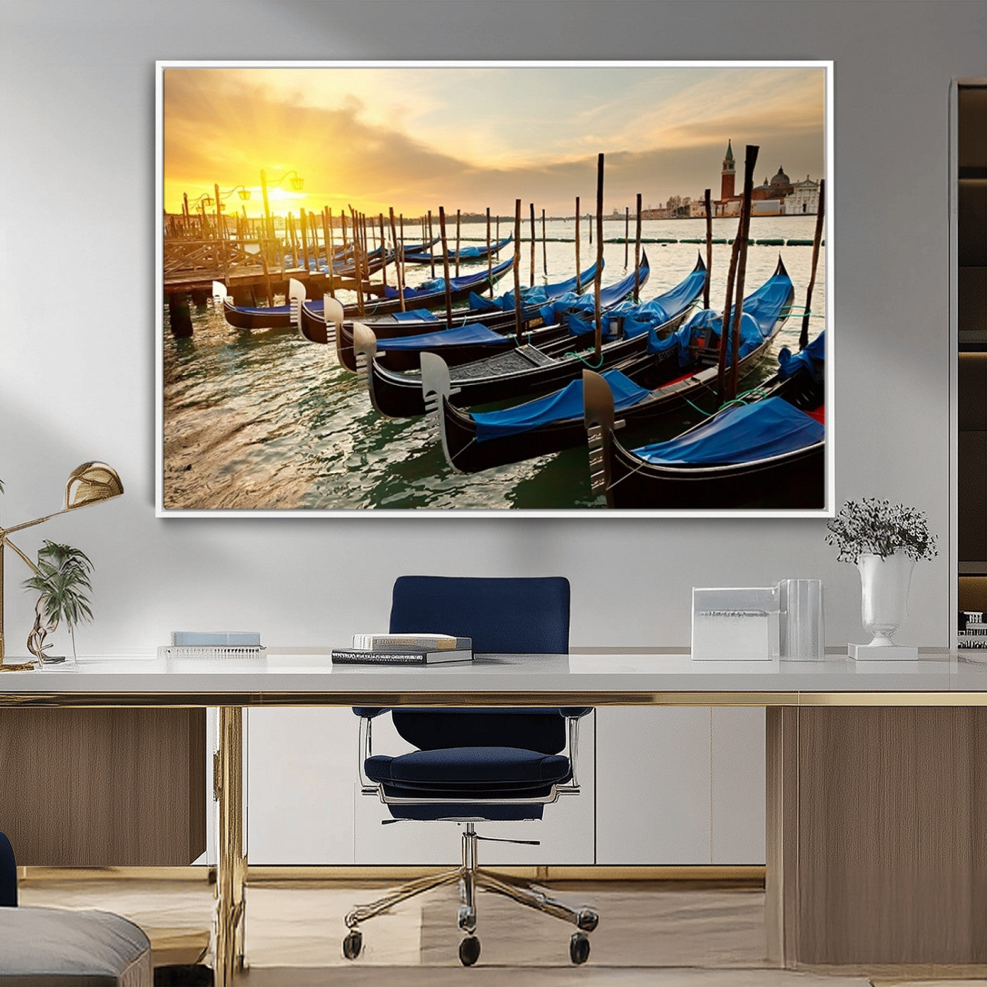 25872-MGV-CV-36X24-Venetian Gondola Dock Wall Art – Serene Sunset Canal Canvas Print, Tranquil Water Travel Decor for Office, Living Room, or Man