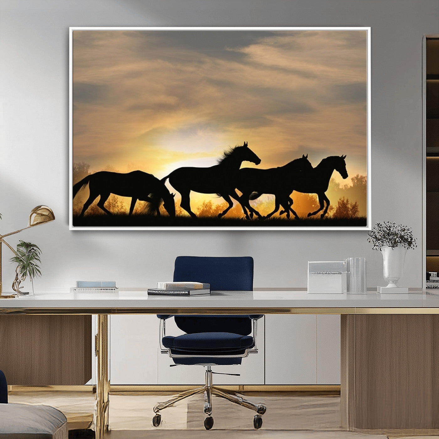 16620-MGV-FC-36X24_White-Sunset Stallions Wall Art – Silhouetted Horses Running Canvas Print, Nature’s Rhythm, Perfect for Living Room, Office, or Man Cave