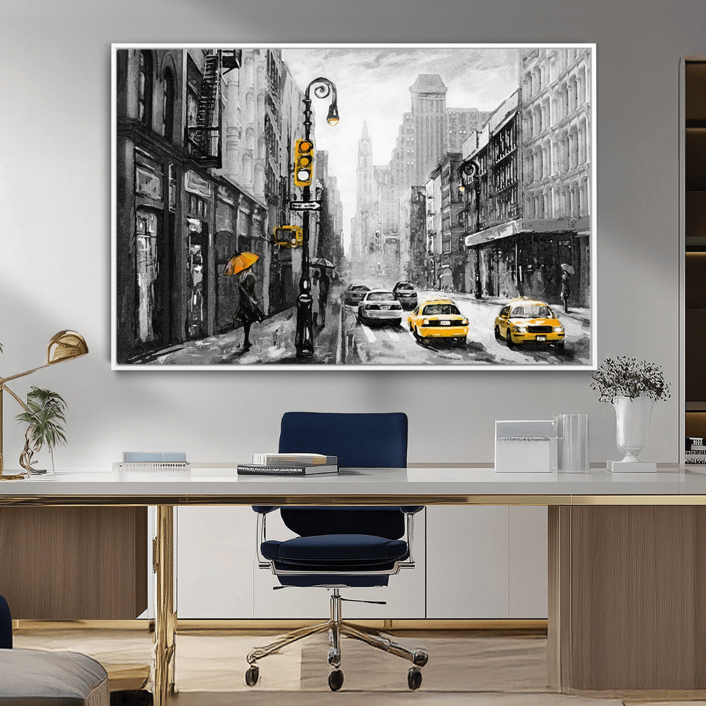 32362-MGV-CV-36X24-NYC Street Wall Art – Black and White Cityscape with Yellow Taxis and Umbrella Canvas Print, Urban Home Decor for Living Room or