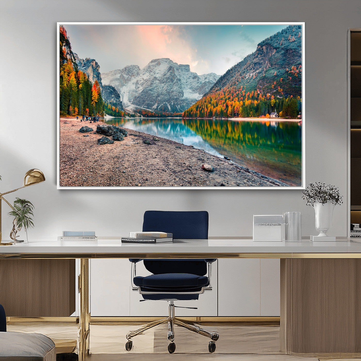 25982-MGV-FC-36X24_White-Autumn Mountain Lake Wall Art – Panoramic Fall Foliage and Snowy Peaks Canvas Print, Scenic Nature Decor for Living Room or Office