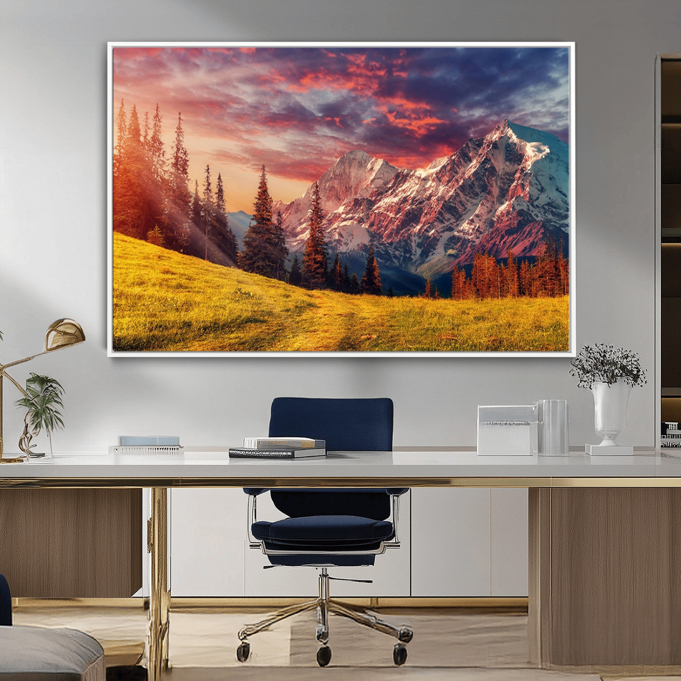 83947-MGV-CV-36X24-Sunset Mountain Landscape Wall Art – Panoramic Alpine Meadow and Snow Capped Peaks Canvas Print, Nature Scenic Decor for Home,