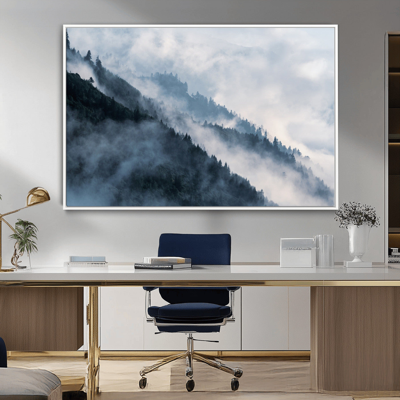 85737-MGV-FC-36X24_White-Misty Mountain Wall Art – Atmospheric Pine Forest Canvas Print with Fog and Mist, Calm Nature Decor for Living Room, Bedroom,
