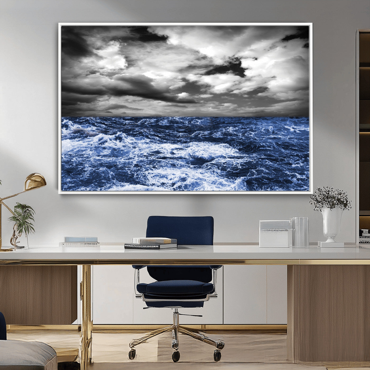 36012-MGV-CV-36X24-Dramatic Stormy Ocean Waves Black and White with Deep Blue Highlights – Moody Seascape Wall Art, Nature Photography Print for Home