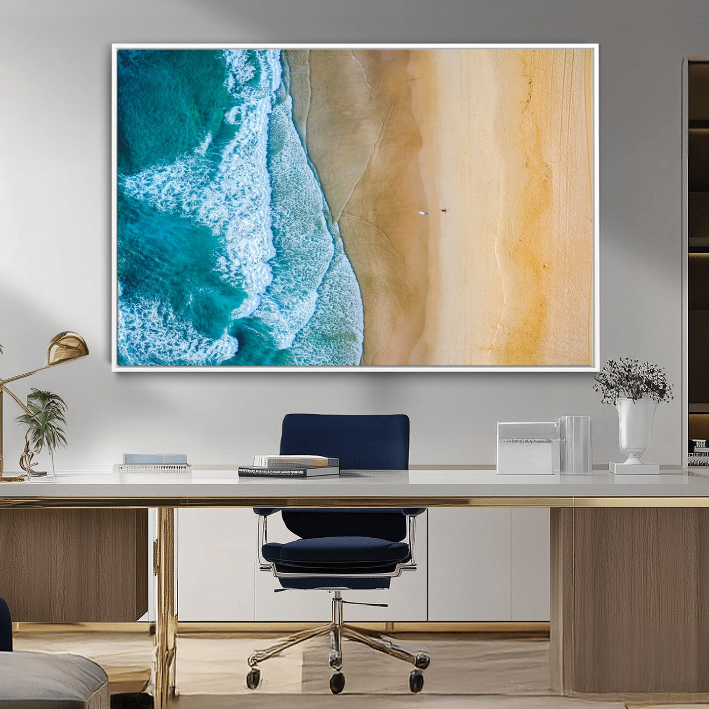 46640-MGV-FC-36X24_White-Aerial Beach Wall Art – Turquoise Waves and Golden Sand Canvas Print with Lone Surfer, Coastal Ocean Decor for Living Room,