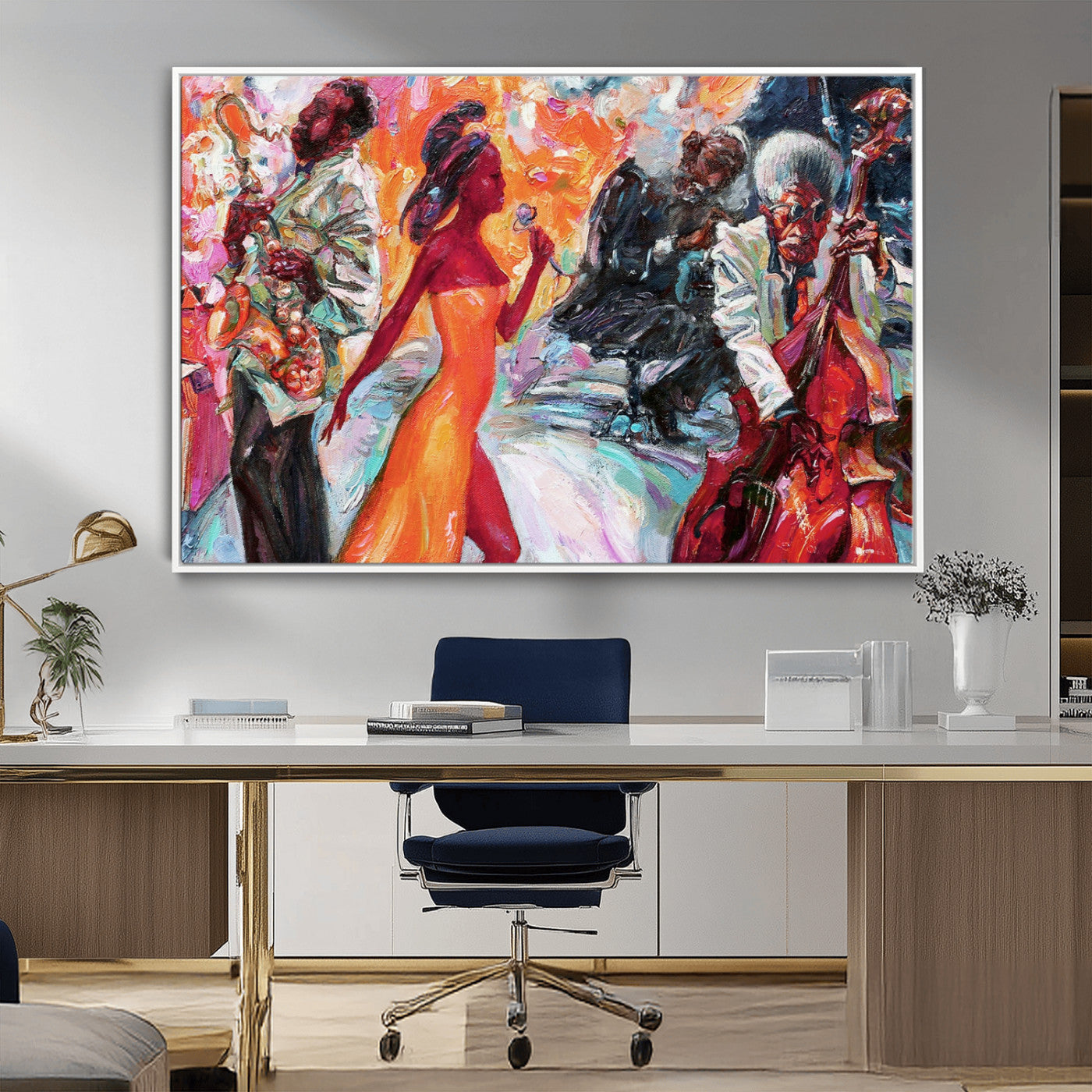 24452-MGV-CV-36X24-Vibrant Jazz Musician Painting - Expressive Art Print of Live Jazz Band, Perfect Wall Decor for Music Lovers and Art Enthusiasts
