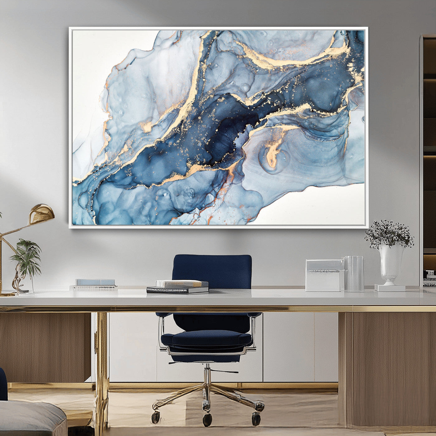33782-MGV-CV-36X24-Abstract Marble Wall Art – Blue & Gold Fluid Painting Canvas Print, Modern Home Decor for Living Room, Bedroom or Office