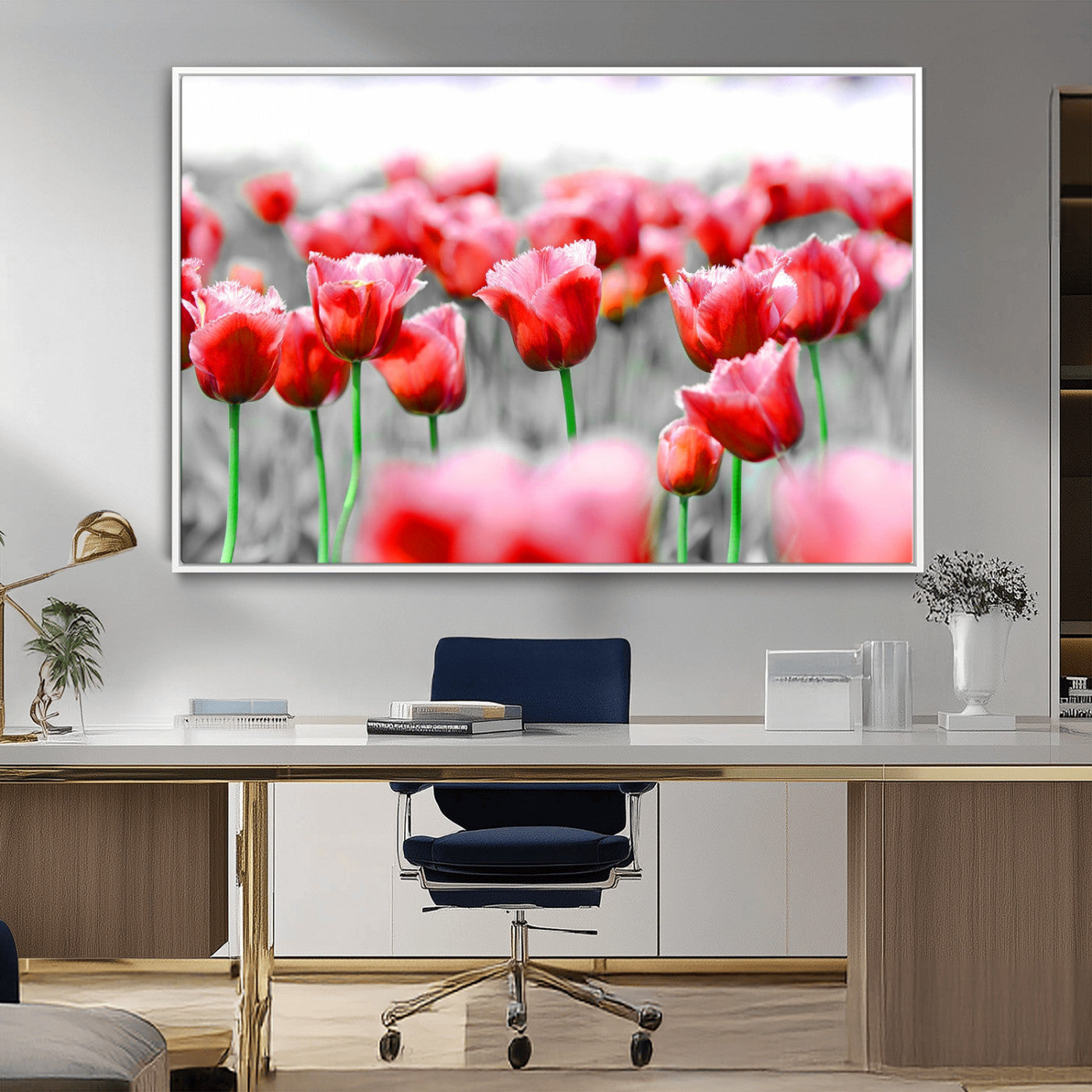 44554-MGV-FC-36X24_White-Vibrant red tulips stand out beautifully against a black-and-white background, making a striking decor piece perfect for any home