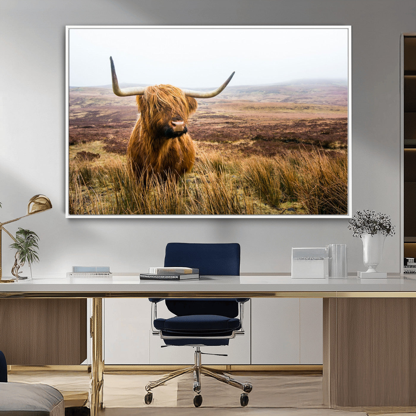 79391-MGV-CV-36X24-Majestic Highland Cow in Misty Scottish Moorland – Rustic Natural Charm, Perfect for Unique Home or Office Decor