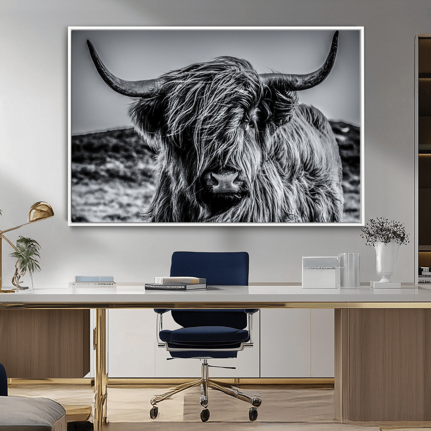 97372-MGV-CV-36X24-Elegant Highland Cow Wall Art – Black and White Canvas Print, Rustic Nature Decor for Home, Office, Living Room or Man Cave