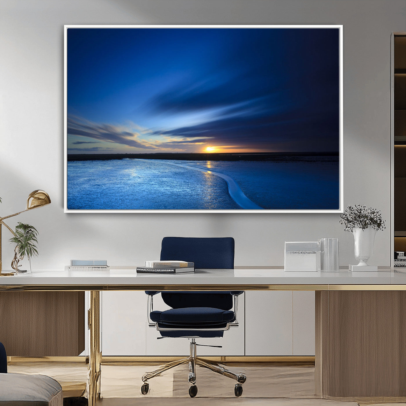 65405-MGV-FC-36X24_White-Blue Sunrise Seascape Wall Art – Tranquil Ocean Horizon Canvas Print with Golden Sunlight and Deep Sky, Coastal Landscape Decor