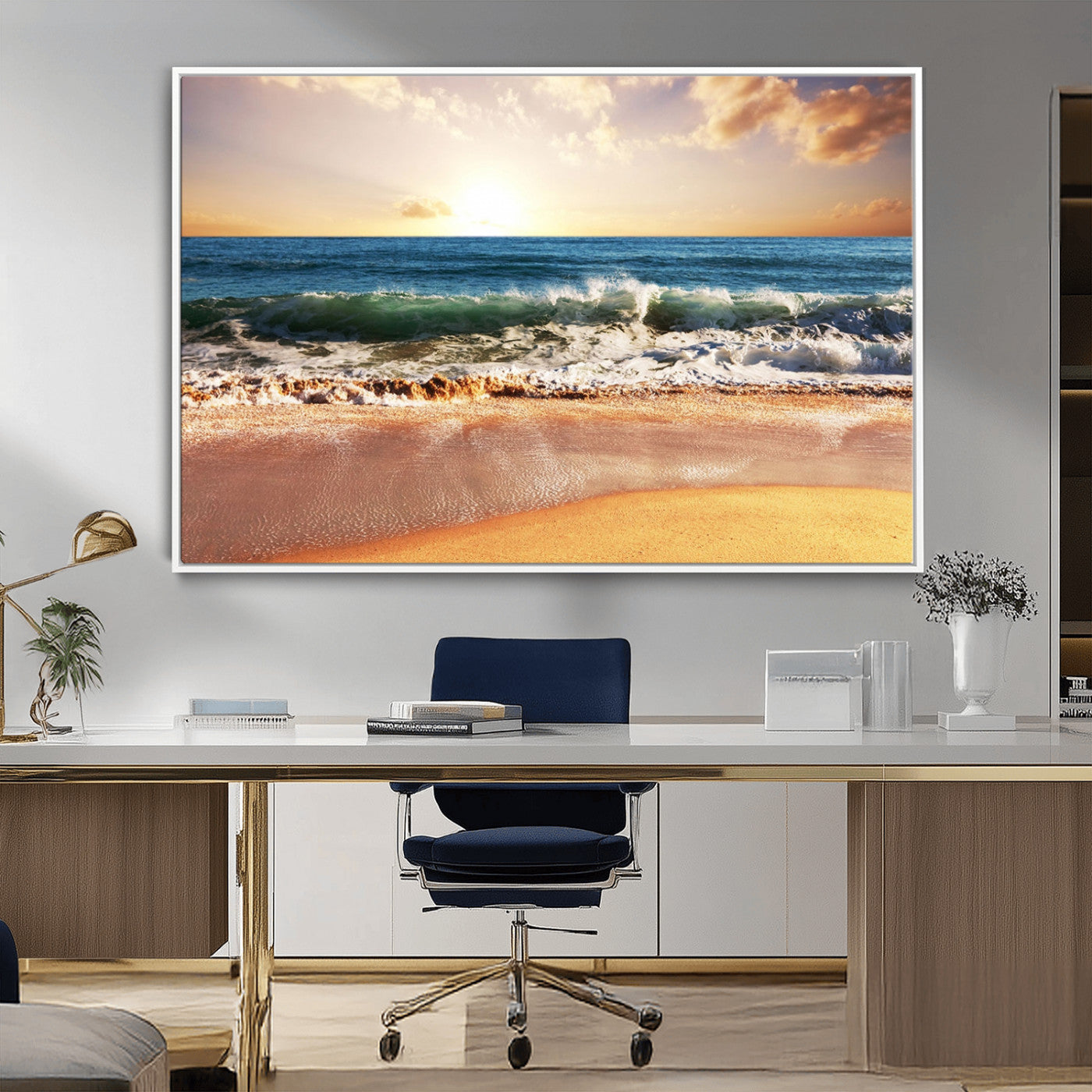 79005-MGV-FC-36X24_White-Golden Sunrise Ocean Waves Wall Art – Panoramic Seashore Canvas Print, Calming Coastal Decor for Home, Office or Relaxation Space