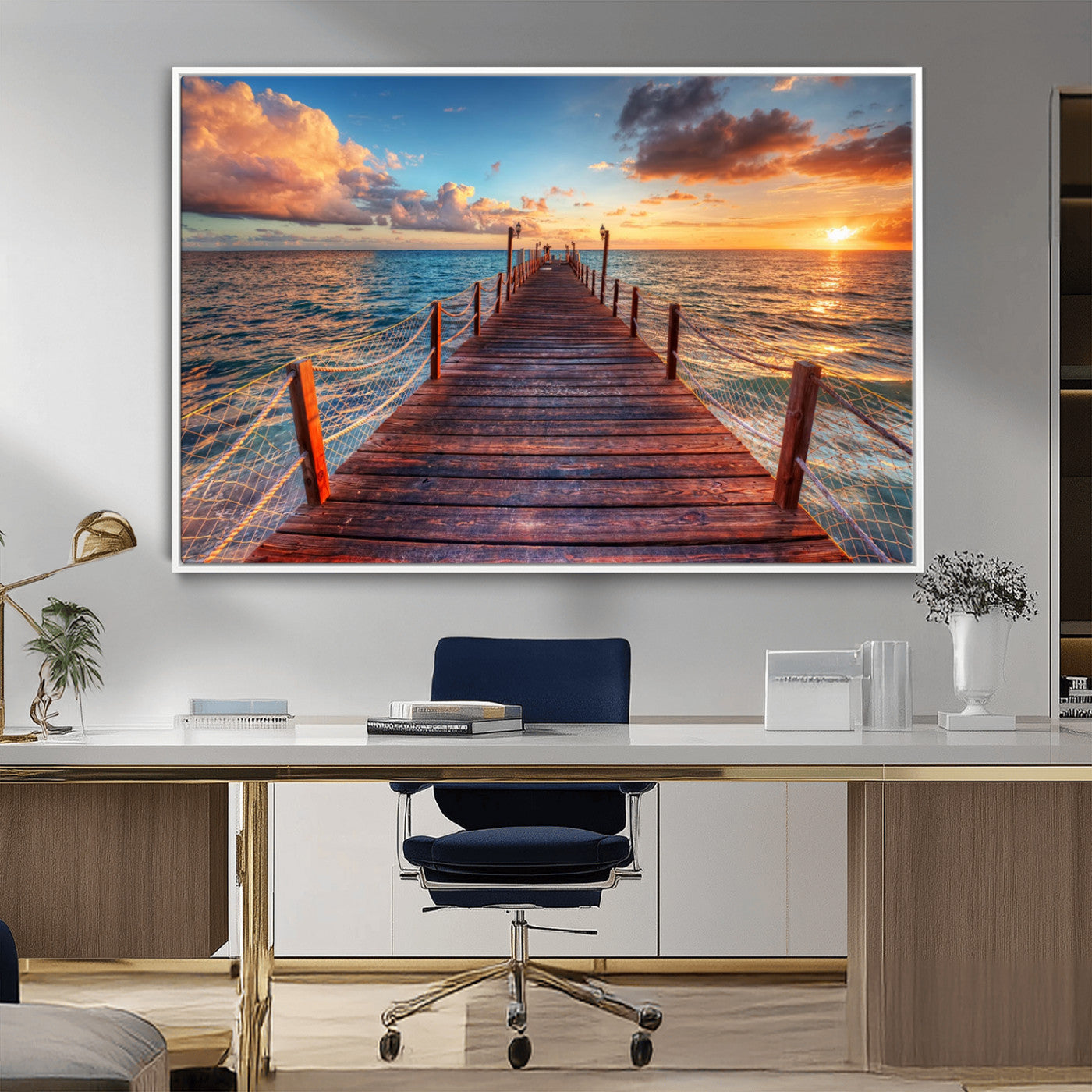 28836-MGV-FC-36X24_White-Ocean Pier Sunset Wall Art – Wooden Dock and Golden Horizon Canvas Print, Coastal Seascape Photography for Living Room, Bedroom,