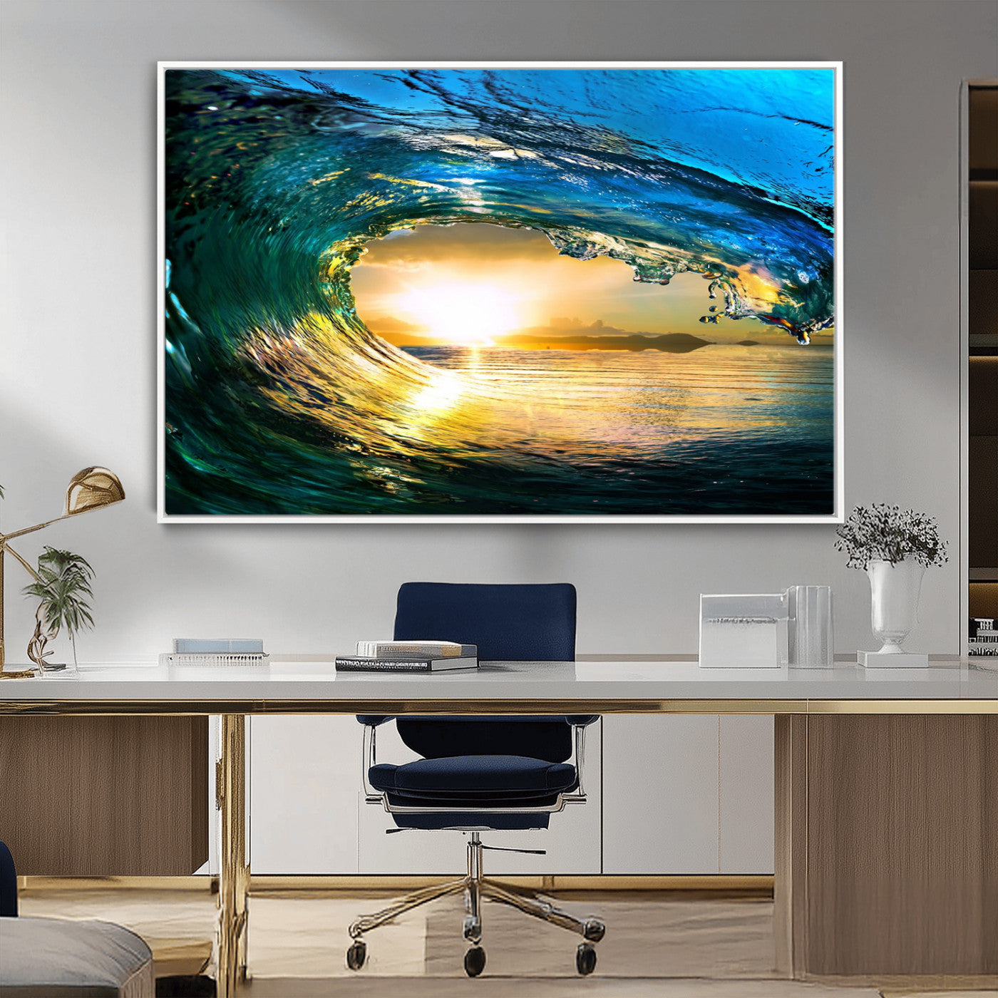 19378-MGV-FC-36X24_White-Ocean Wave Sunset Wall Art – Vibrant Surf and Golden Horizon Canvas Print, Coastal Seascape Photography for Living Room, Bedroom,