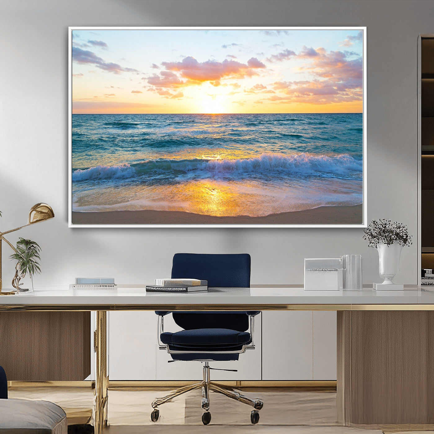 78006-MGV-FC-36X24_White-Golden Sunrise Ocean Wall Art – Panoramic Beach Waves Canvas Print, Coastal Seascape Artwork for Living Room, Bedroom, Office, or