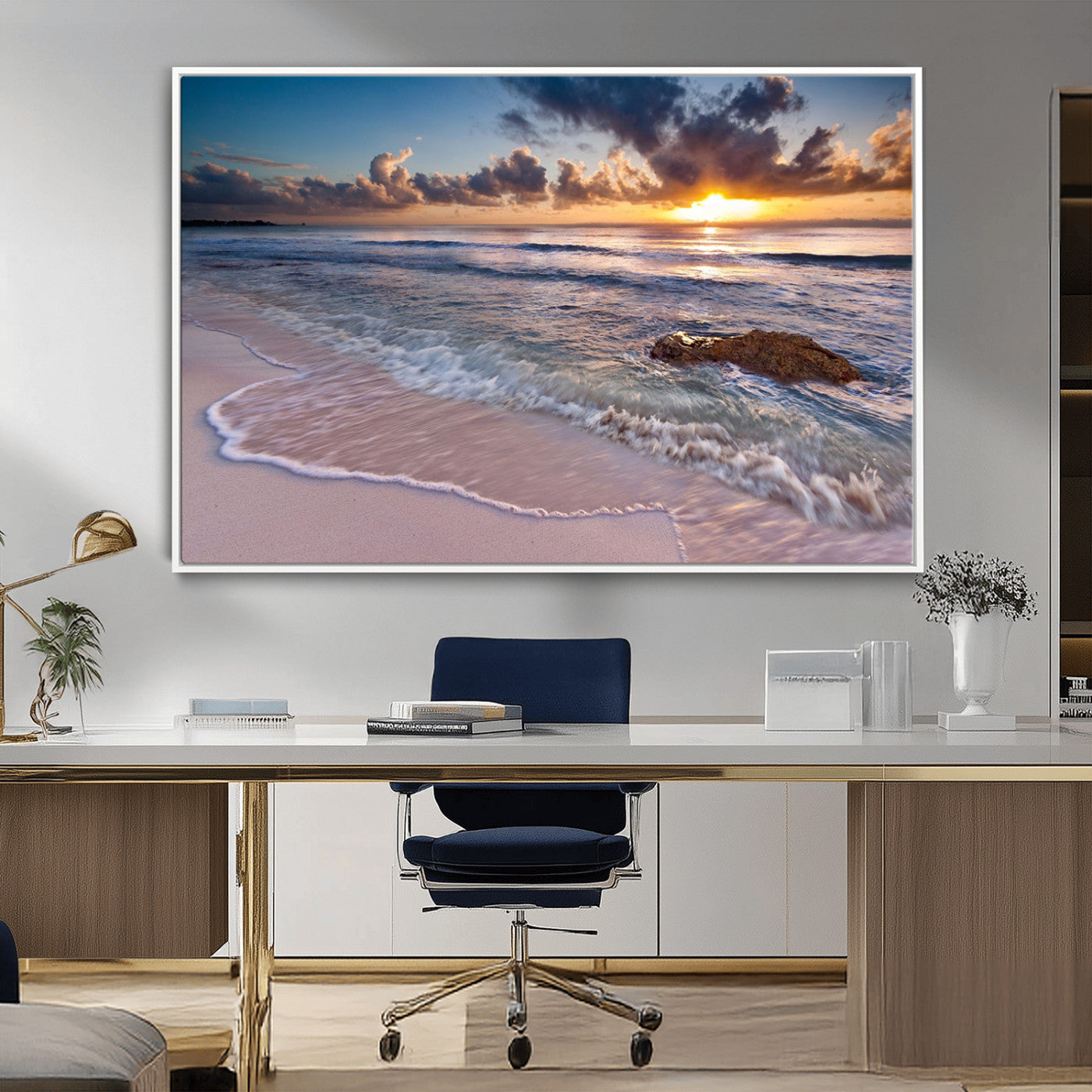 94906-MGV-FC-36X24_White-Sunrise Beach Wall Art – Panoramic Ocean Waves Canvas Print, Coastal Sunset Seascape Artwork for Living Room, Bedroom, or Office