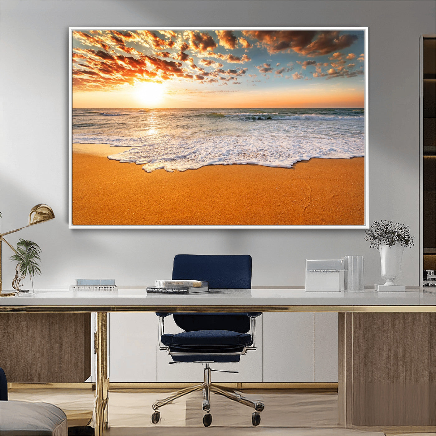 15399-MGV-FC-36X24_White-Golden Sunrise Beach Wall Art – Ocean Waves on Sandy Shore Canvas Print, Coastal Seascape Decor for Living Room or Bedroom