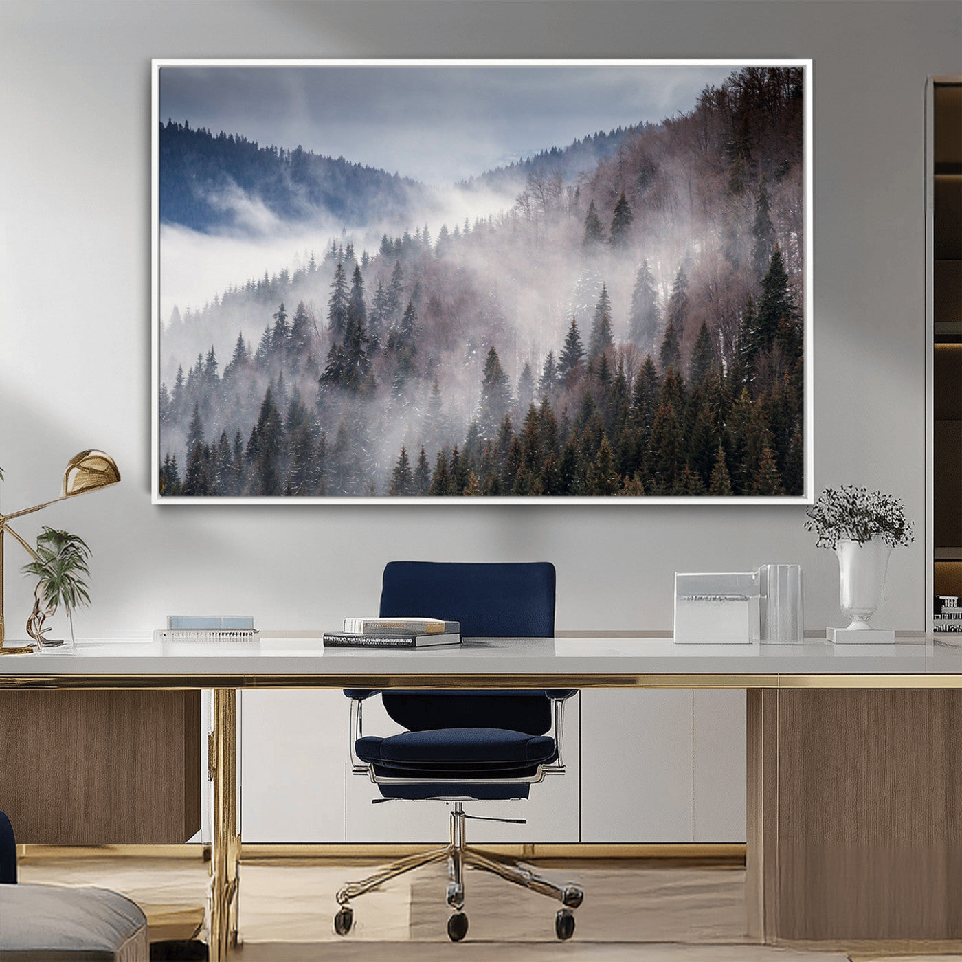 18459-MGV-FC-36X24_White-Misty Pine Forest Wall Art – Serene Mountain Landscape Canvas Print, Tranquil Nature Artwork for Living Room, Bedroom, Cabin or