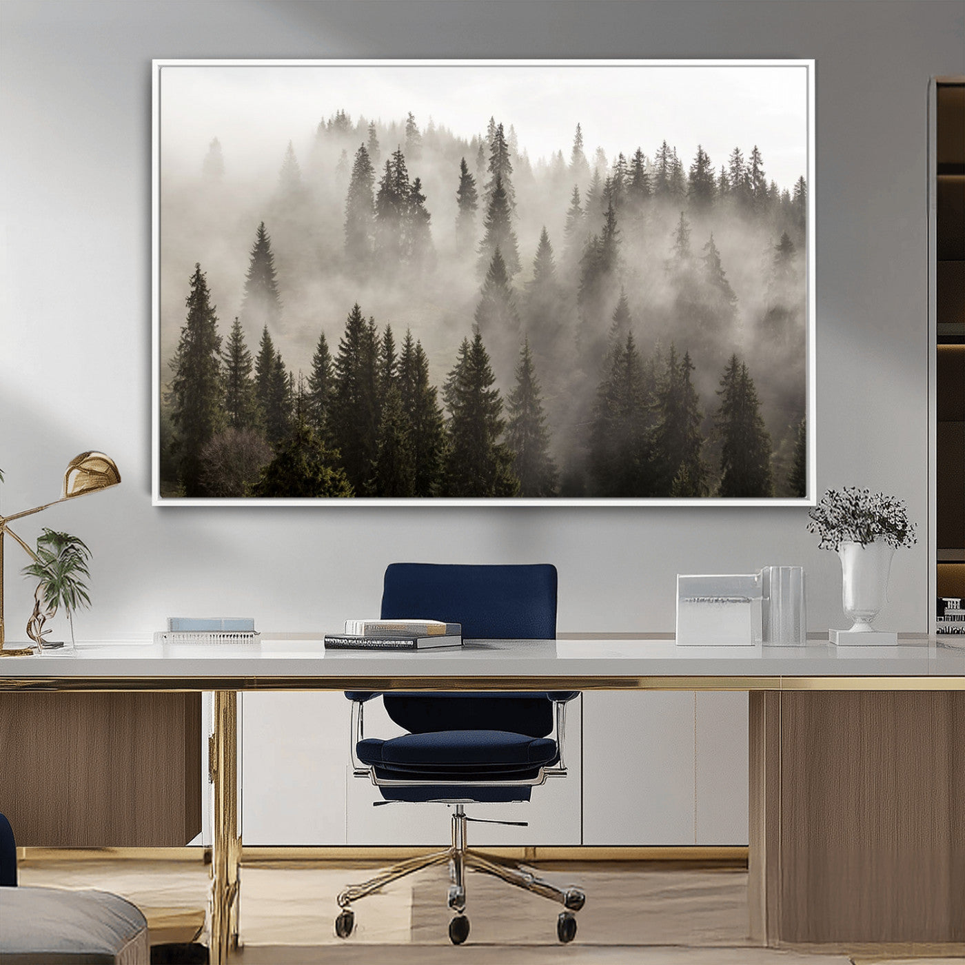 62862-MGV-FC-36X24_White-Misty Forest Wall Art – Tranquil Pine Tree Canvas Print with Mountain Fog, Nature Landscape Artwork for Living Room, Bedroom, or