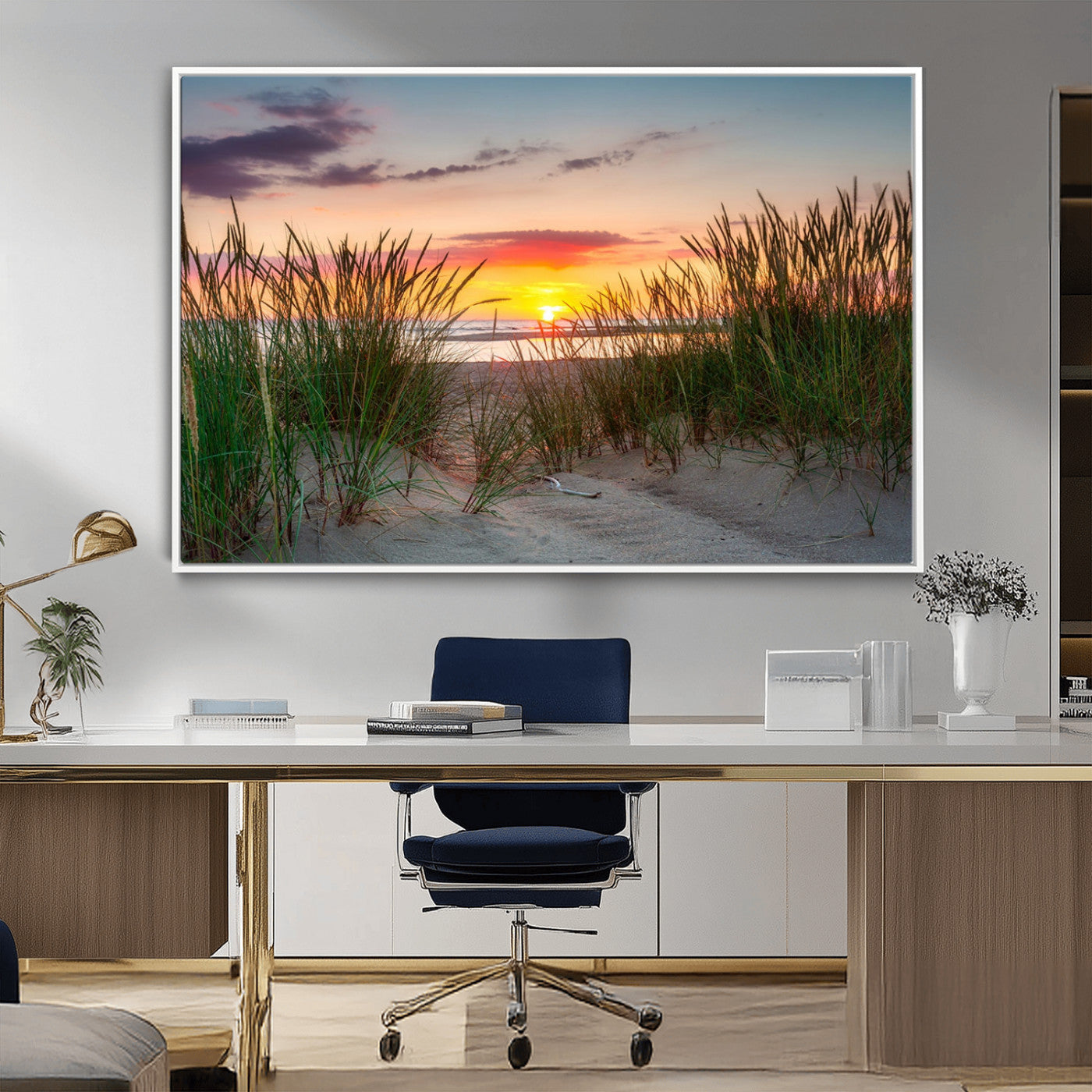 25576-MGV-FC-36X24_White-Beach Grass Sunset Wall Art – Coastal Sand Dune Landscape Canvas Print, Ocean View Nature Decor for Living Room or Office Wall