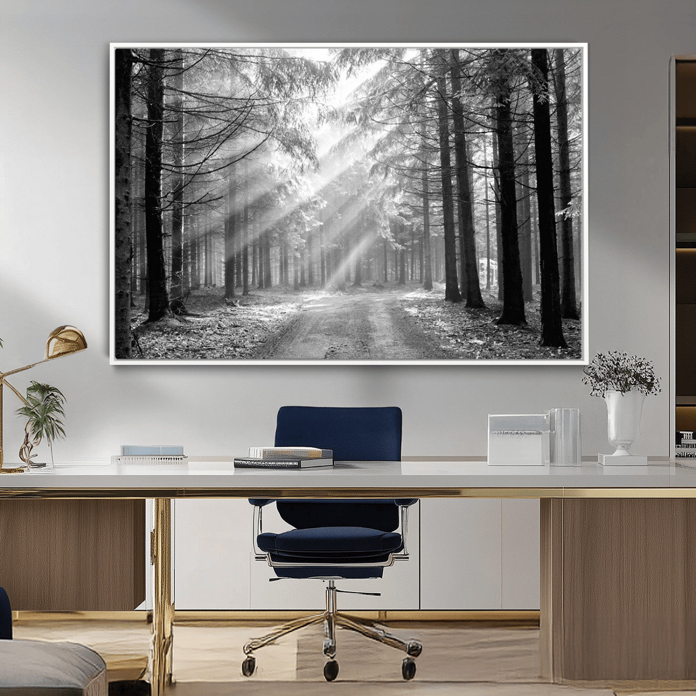 39665-MGV-CV-36X24-Black and White Forest Path Wall Art – Sunlight Rays in Trees Canvas Print, Nature Landscape Decor for Living Room or Office