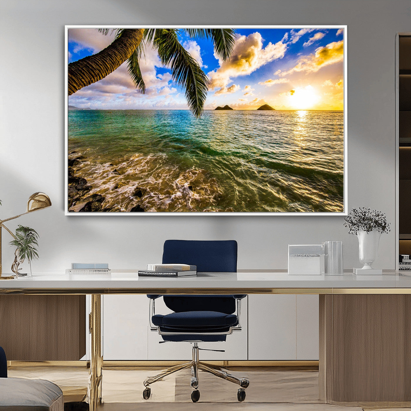 68606-MGV-CV-36X24-Tropical Palm Tree Ocean Wall Art – Sunset Beach Seascape Print, Coastal Paradise Decor for Living Room or Office