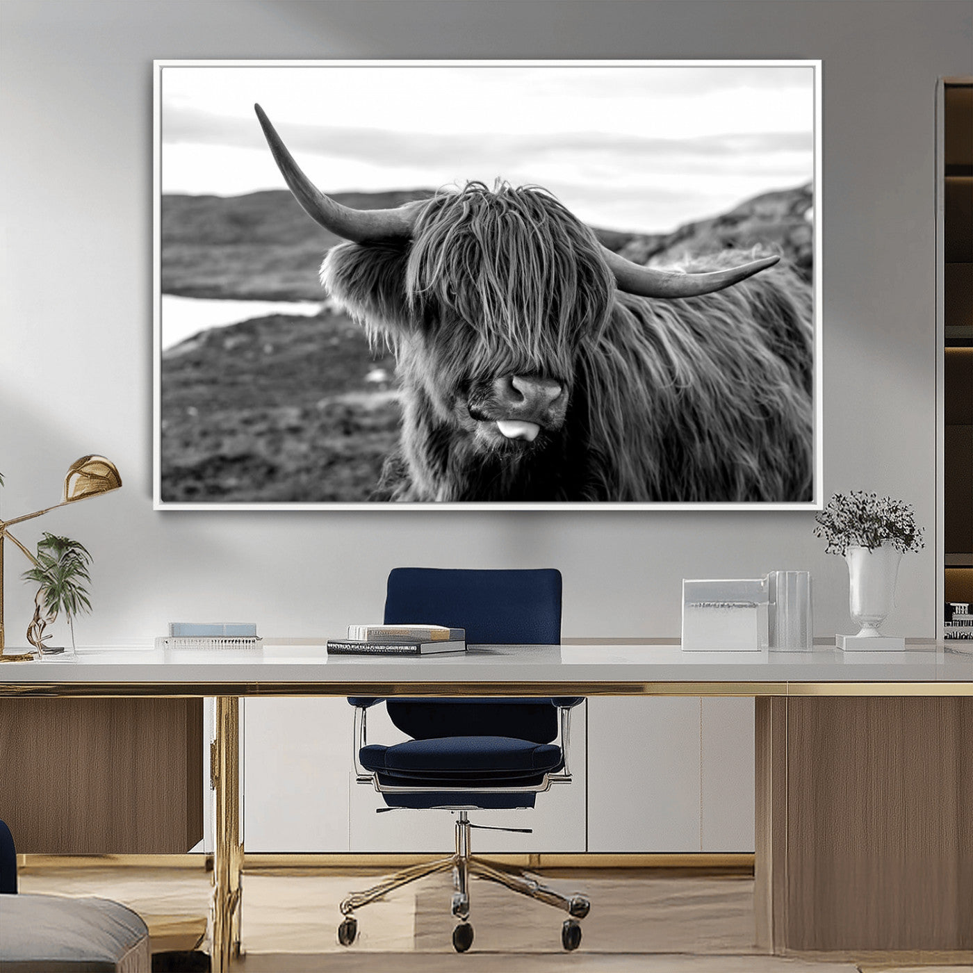 83810-MGV-FC-36X24_White-Highland Cow Wall Art – Black and White Highland Cattle Print, Rustic Farmhouse Animal Decor for Living Room