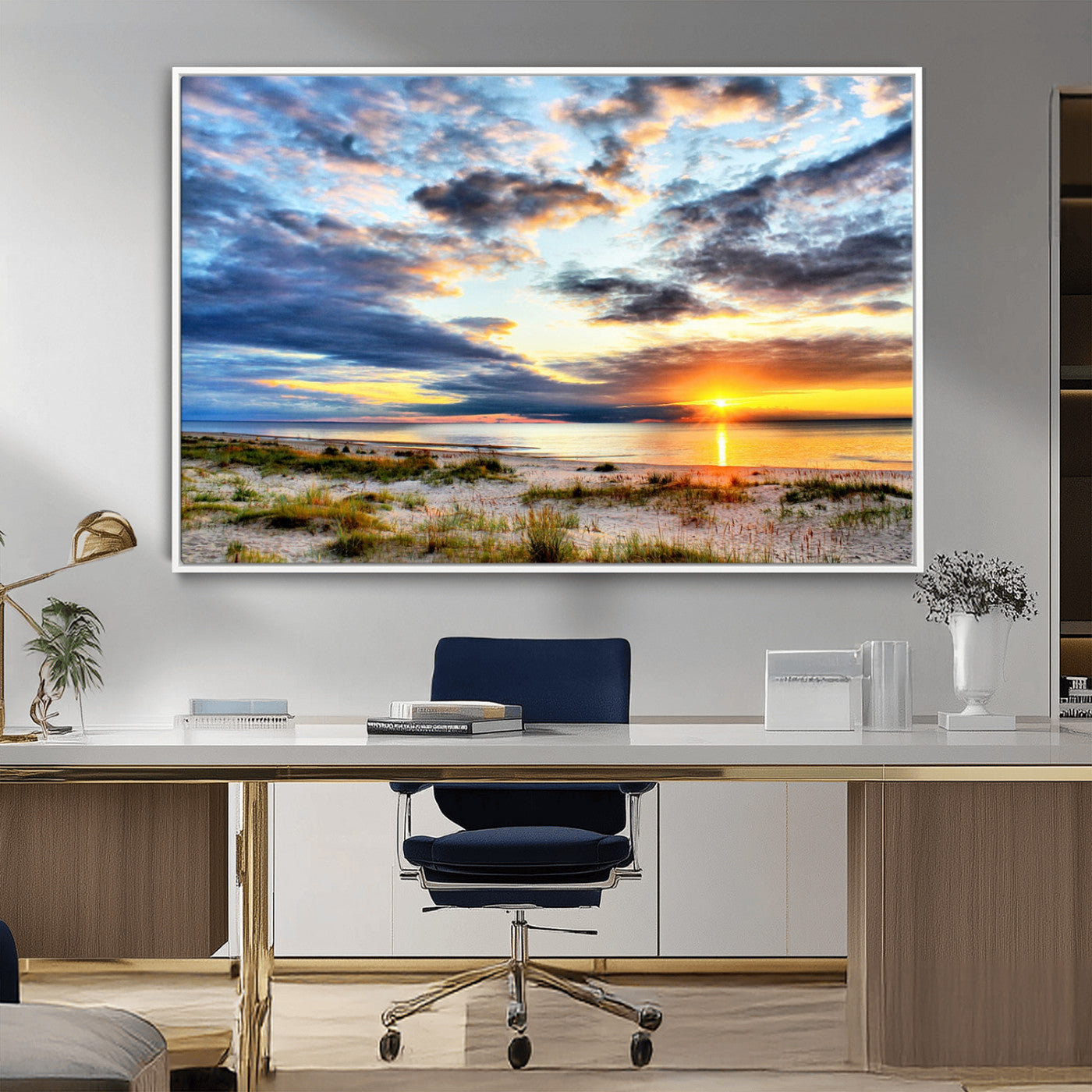 39645-MGV-FC-36X24_White-Golden Beach Sunset Wall Art – Serene Ocean Horizon Canvas Print, Coastal Nature Landscape Decor for Living Room, Bedroom or