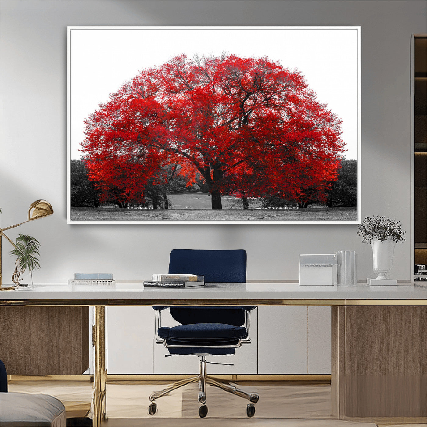 80021-MGV-CV-36X24-Red Tree Wall Art – Striking Black and White Landscape Canvas Print with Vibrant Red Leaves, Modern Nature Decor for Living Room