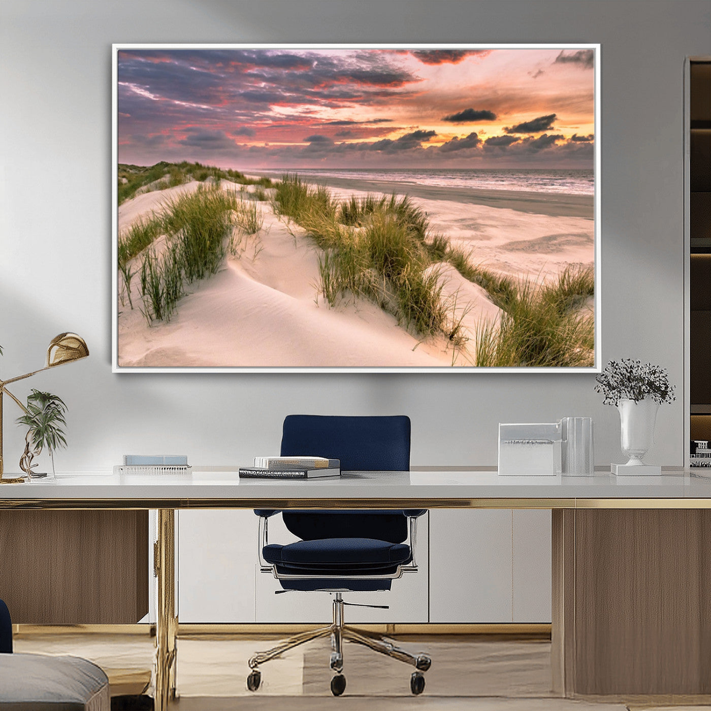 60570-MGV-FC-36X24_White-Beach Sunset Wall Art – Coastal Sand Dunes and Ocean Horizon Canvas Print, Tranquil Seascape Photography Decor for Living Room or
