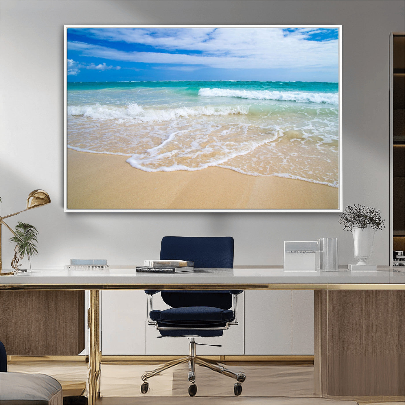 20660-MGV-FC-36X24_White-Ocean Wave Beach Wall Art – Serene Blue Sea and Sandy Shore Canvas Print, Coastal Landscape Photography Decor for Living Room or