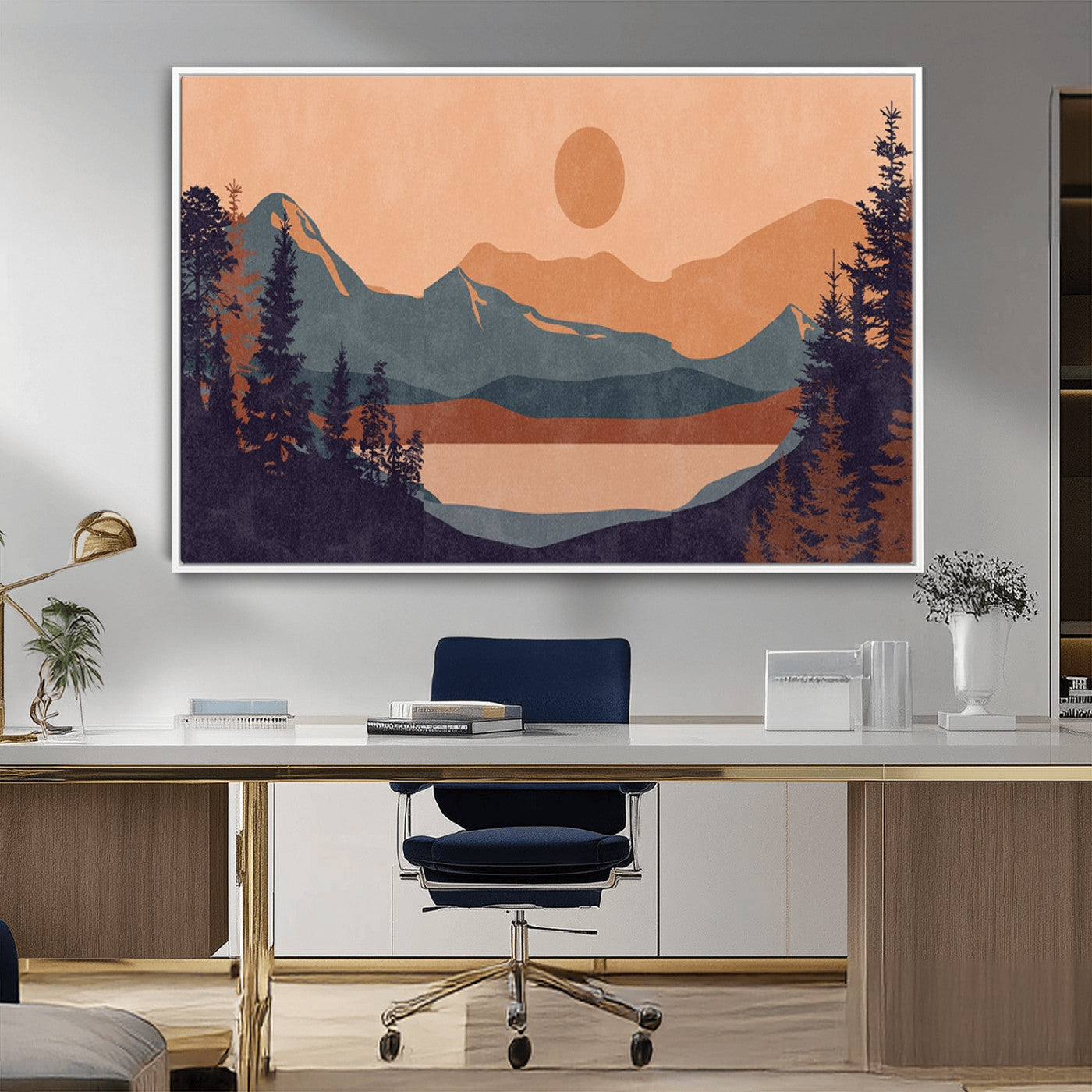 62795-MGV-CV-36X24-Minimalist Mountain Landscape Wall Art – Abstract Sunset Over Peaks and Pine Trees Canvas Print, Modern Nature Decor for Living