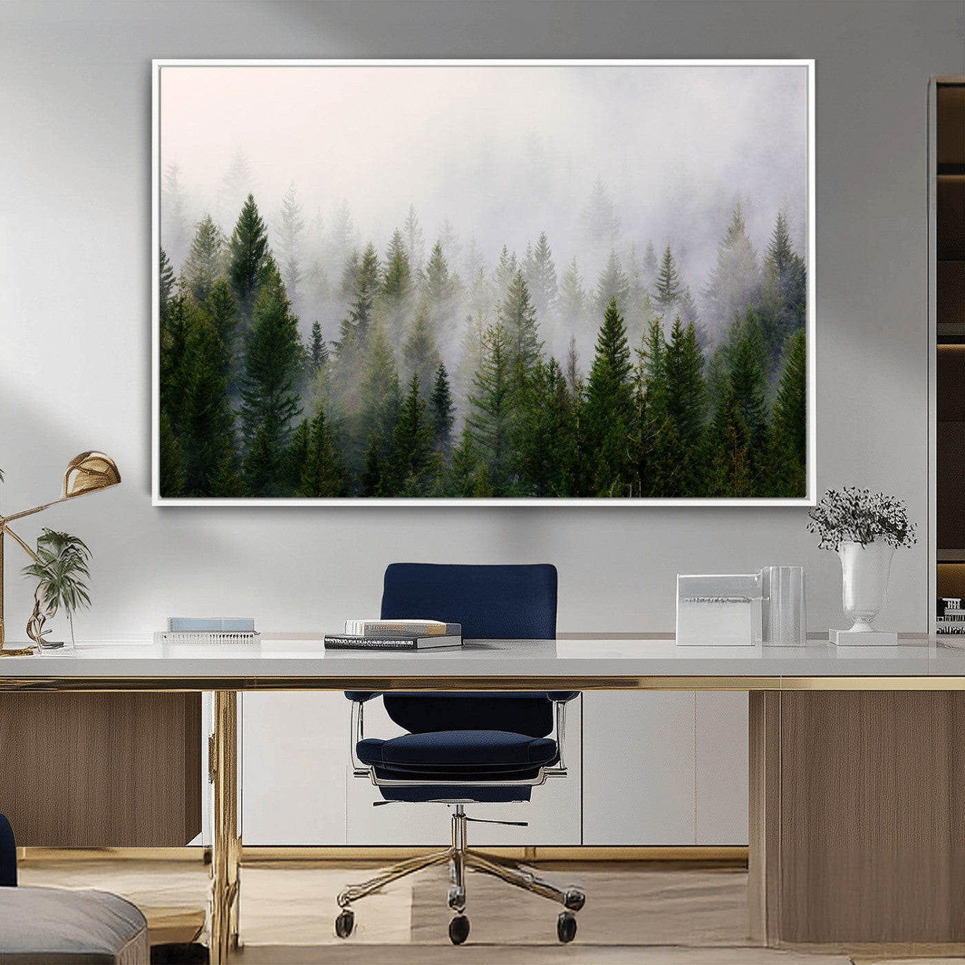 11436-MGV-FC-36X24_White-Misty Forest Wall Art – Tranquil Evergreen Tree Canvas Print with Foggy Landscape, Nature Inspired Artwork for Bedroom, Living