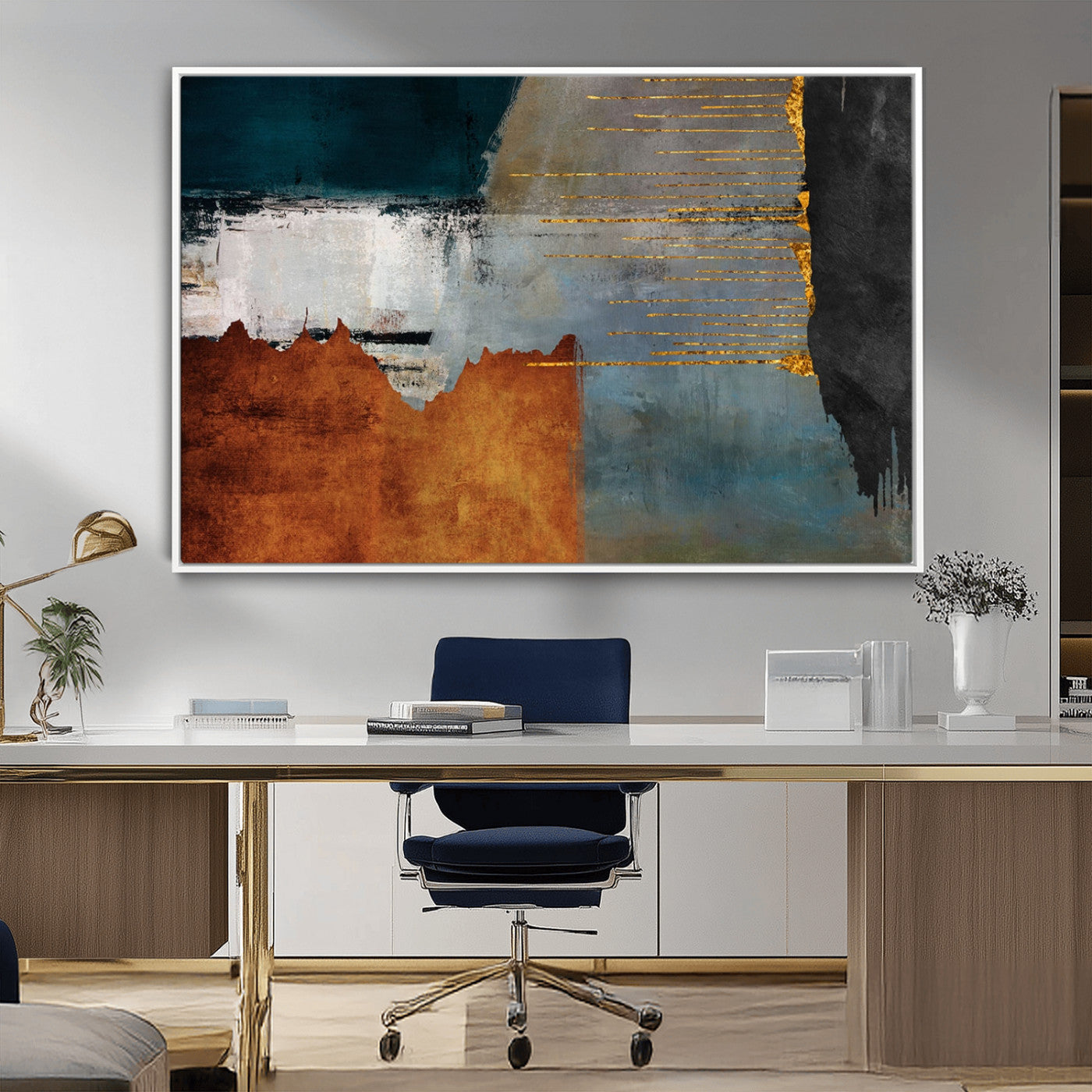 35026-MGV-FC-36X24_White-Abstract Canvas Wall Art – Modern Teal, Rust, Black and Gold Textured Painting, Contemporary Decor for Living Room, Bedroom