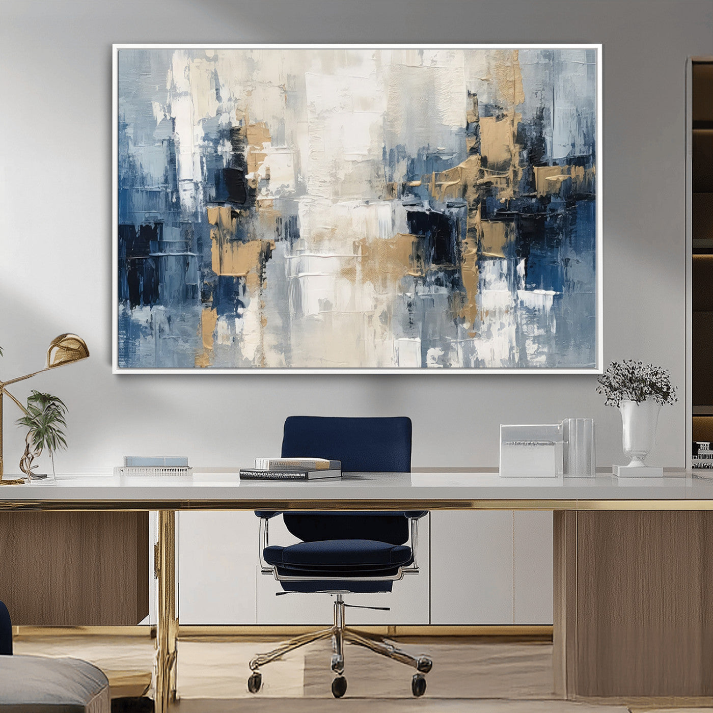 44344-MGV-CV-36X24-Abstract Blue and Gold Wall Art – Modern Hand Painted Canvas Print, Contemporary Textured Painting for Living Room, Bedroom or
