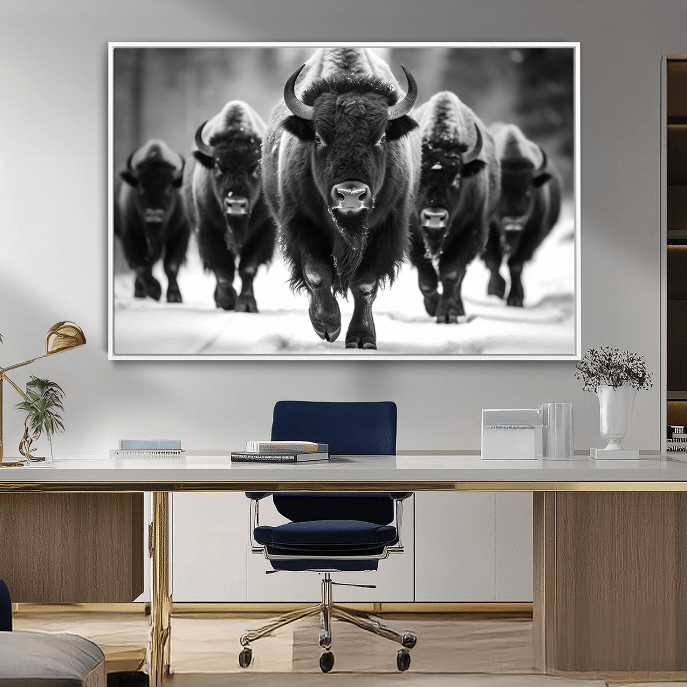 79872-MGV-CV-36X24-Bison Herd Wall Art – Black and White Buffalo on Snow Canvas Print, Rustic Wildlife Decor for Lodge, Cabin, or Living Room