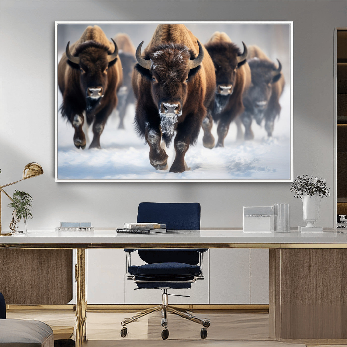 80512-MGV-FC-36X24_White-Bison Herd Wall Art – Buffalo Running in Snow Canvas Print, Rustic Wildlife Photography Decor for Cabin, Lodge, or Living Room