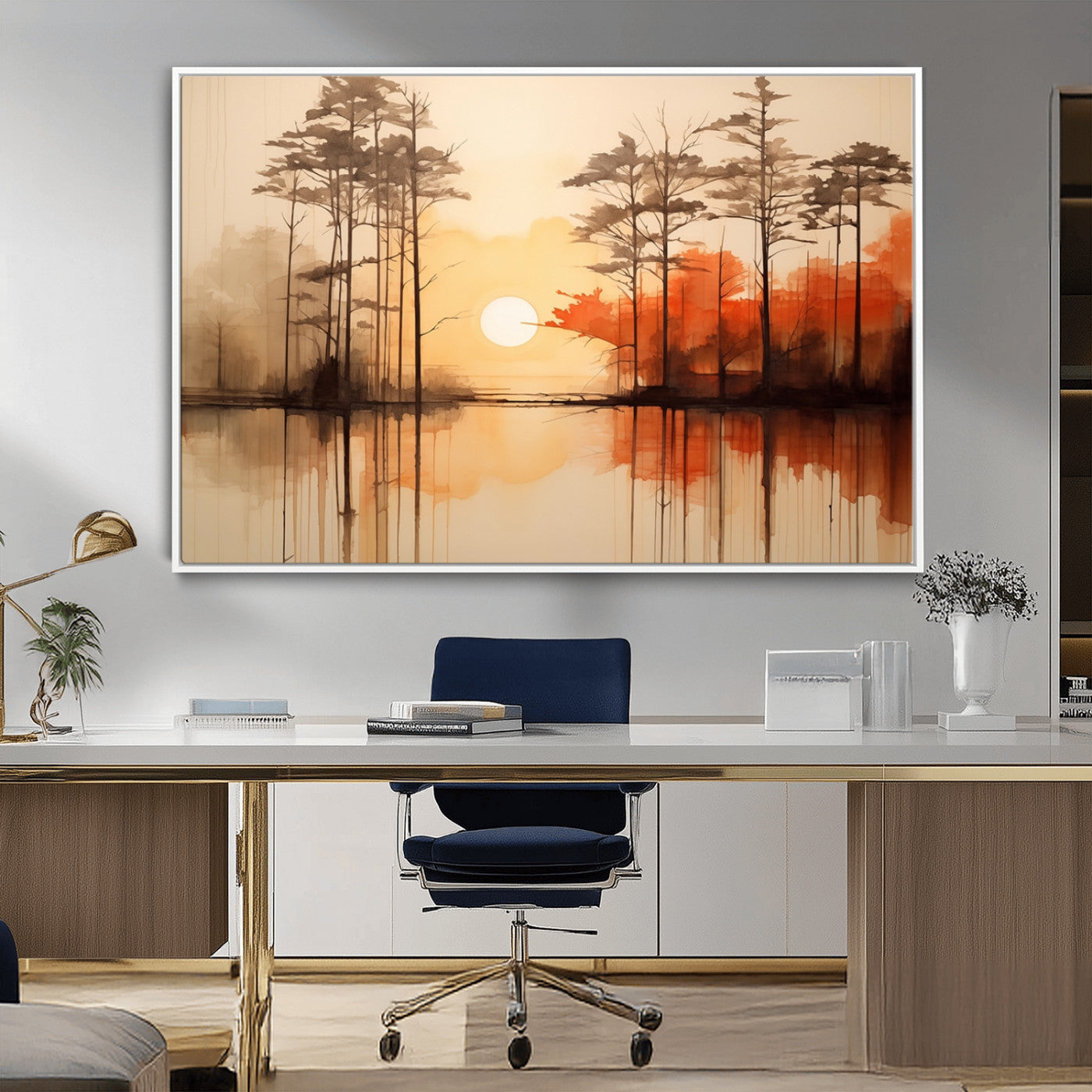 51083-MGV-CV-36X24-Sunset Lake Forest Wall Art – Serene Trees and Orange Sky Reflection Canvas Print, Tranquil Nature Decor for Living Room, Office
